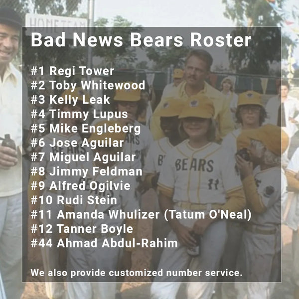 Bad News Bears team roster with player names and numbers