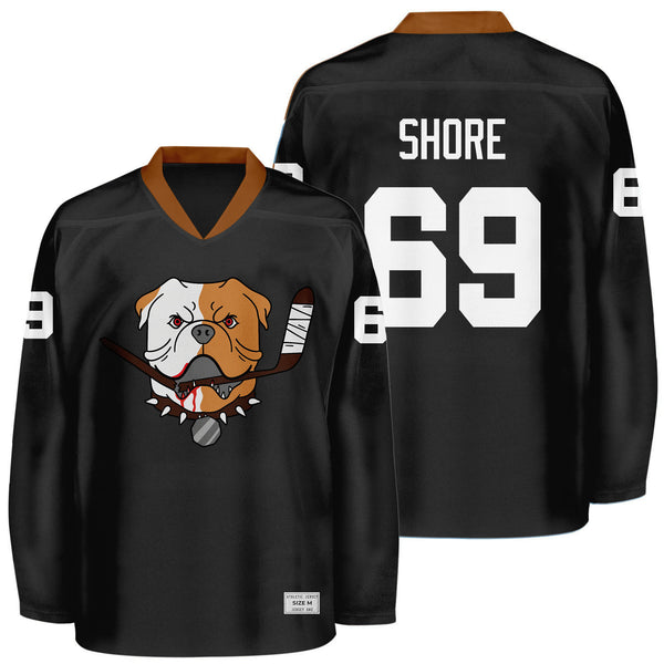 shoresy 69 black bullgod hockey jersey front and back view