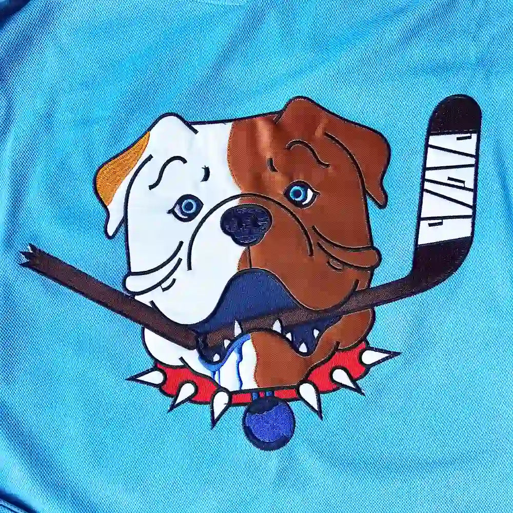 Detailed Close-up of Sudbury Blueberry Bulldogs Embroidered Front Logo