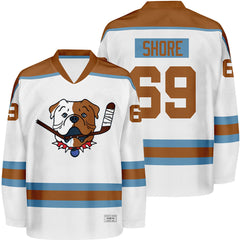 Shoresy #69 Sudbury Blueberry Bulldogs White Hockey Jersey - Front and Back View
