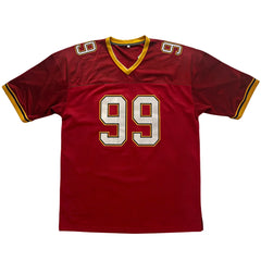 Front view of Steve Lattimer #99 ESU Timbermen movie football jersey in red