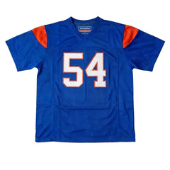 Front view of Thad Castle #54 Blue Mountain State football jersey in blue with tackle twill stitching