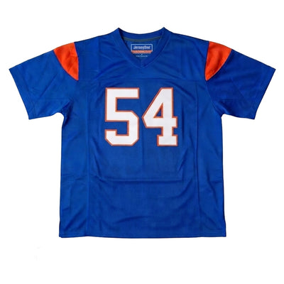 Front view of Thad Castle #54 Blue Mountain State football jersey in blue with tackle twill stitching