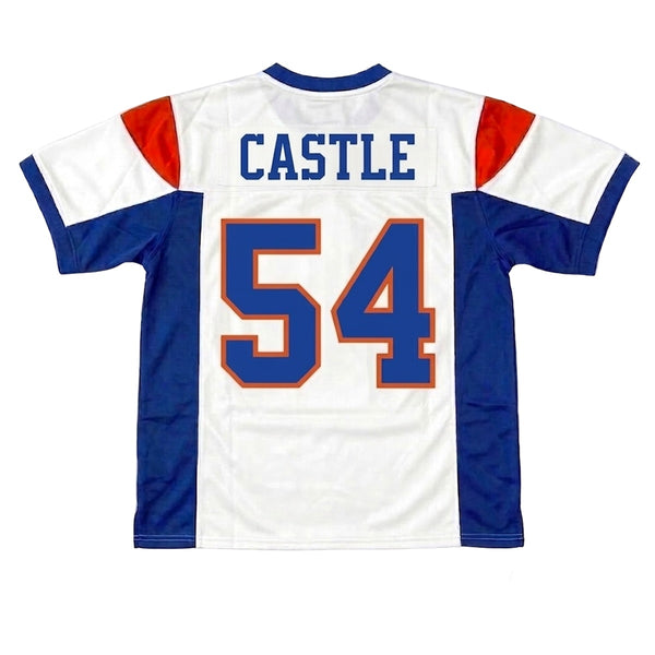 Rear view of white Thad Castle #54 BMS Mountain Goats jersey, authentic embroidered sports apparel