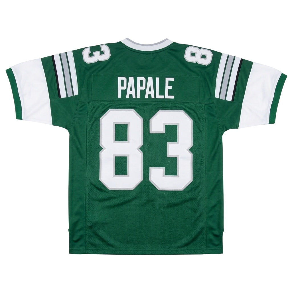 Back view of Vince Papale #83 Philadelphia Eagles football jersey featuring stitched white 'PAPALE' nameplate and '83' numbers, from Invincible film"