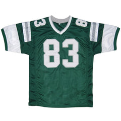 Front view of Vince Papale #83 Philadelphia Eagles movie replica football jersey, green mesh fabric with stitched white '83' numbers and striped sleeves