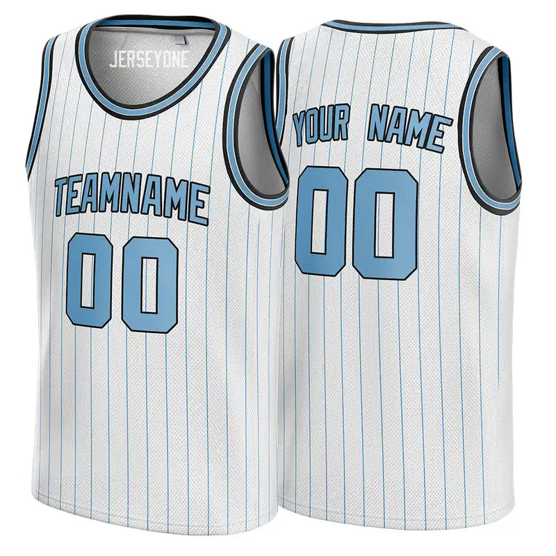 White and Baby Blue Pinstripe Custom Basketball Jersey