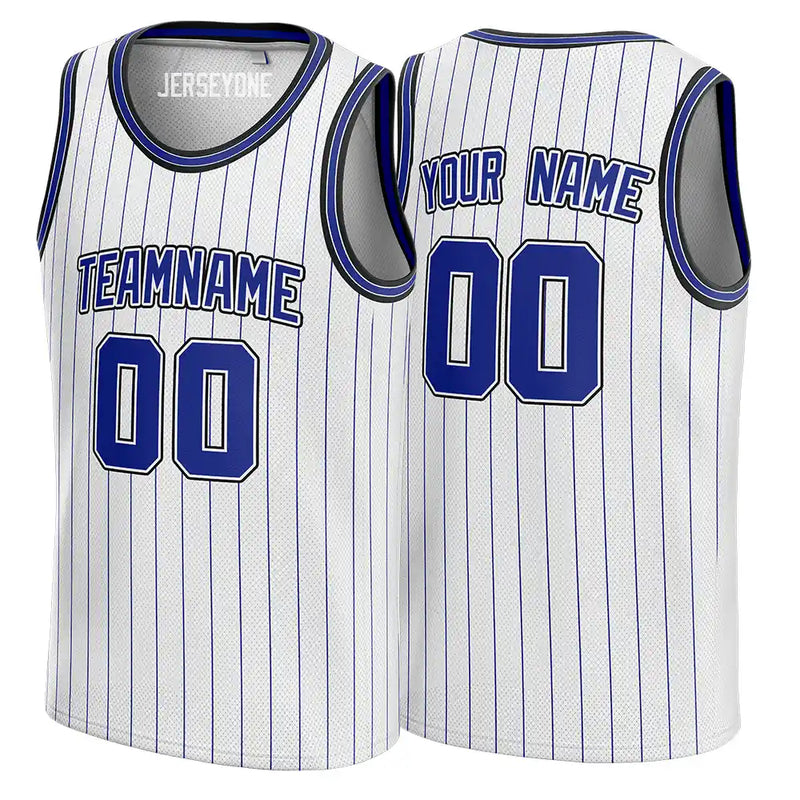 White and Blue Pinstripe Custom Basketball Jersey
