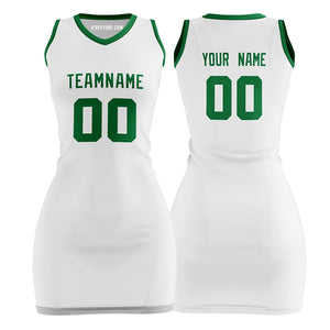 Custom White and Green Basketball Jersey Dress for Women
