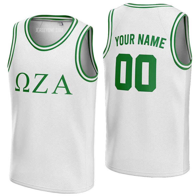 custom white and green fraternity basketball jersey