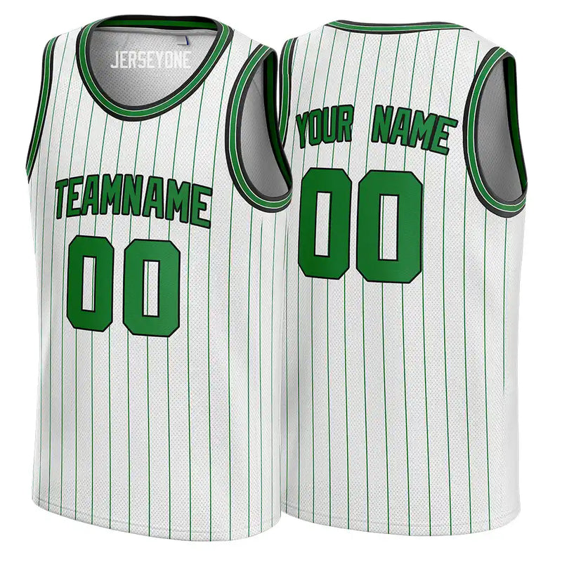 White and Green Pinstripe Custom Basketball Jersey