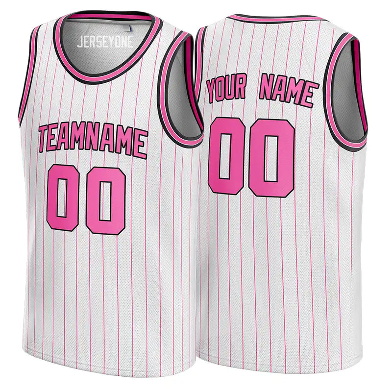 White and Pink Pinstripe Custom Basketball Jersey