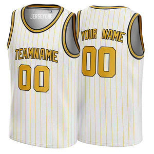 White and Yellow Pinstripe Custom Basketball Jersey