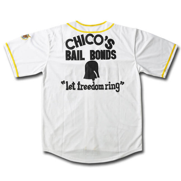 Chico&#39;s Bail Bonds bad news bears white full button baseball jersey for men back