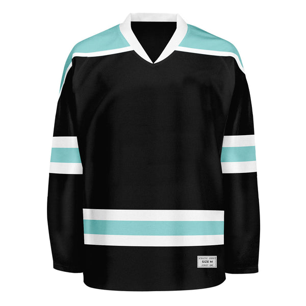 blank black and ice blue hockey jersey with shoulder yoke