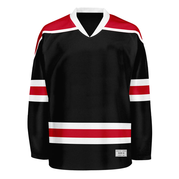 blank black and red hockey jersey with shoulder yoke