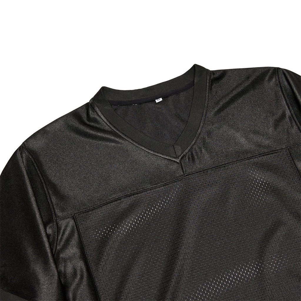 v neck detail of black blank football jersey