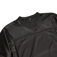 v neck detail of black blank football jersey
