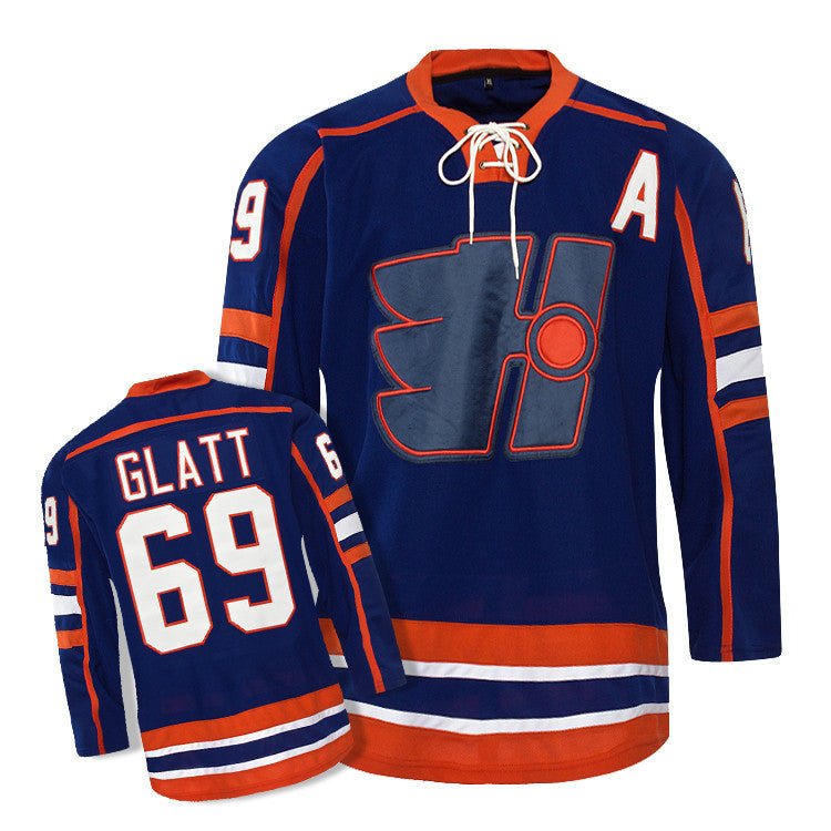 blue doug glatt jersey for men, stitched halifax highlanders logo