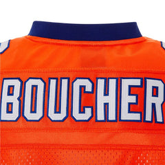 Detailed Close-up of Stitched Name 'BOUCHER' Orange Mud Dogs Jersey