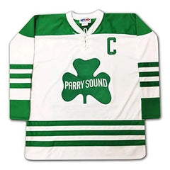Men's Bobby Orr Parry Sound Shamrocks Hockey Jersey in white and green