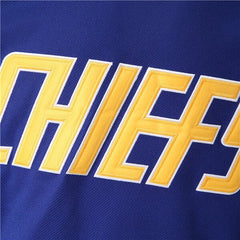 High-Quality Embroidered Charlestown Chiefs Crest on Blue Hockey Jersey