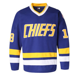 Hanson Brothers #18 Charlestown Chiefs Blue Away Hockey Jersey - Front View