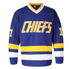 Hanson Brothers #17 Charlestown Chiefs Blue Away Hockey Jersey - Front View