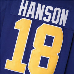 Detailed Close-up of Stitched HANSON #18 on Blue Chiefs Away Jersey