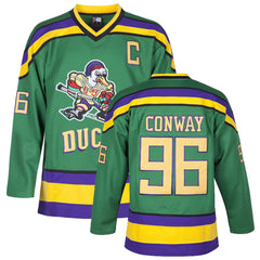 Charlie Conway #96 Mighty Ducks D1 Green Hockey Jersey - Front and Back View