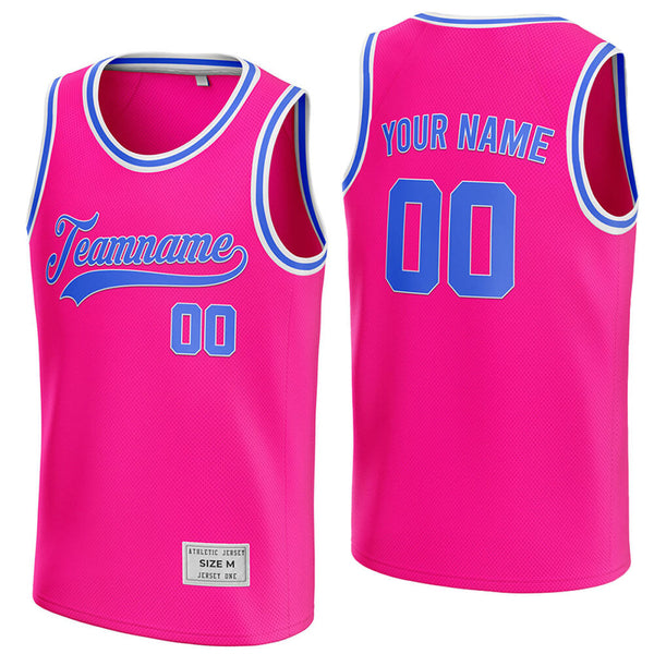 custom deep pink and blue basketball jersey
