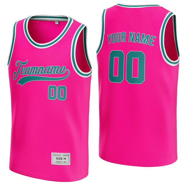 custom deep pink and teal basketball jersey