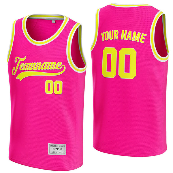 custom deep pink and yellow basketball jersey
