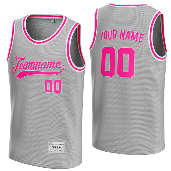 custom silver and deep pink basketball jersey