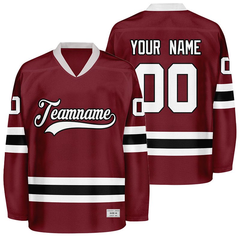 custom burgundy and black hockey jersey