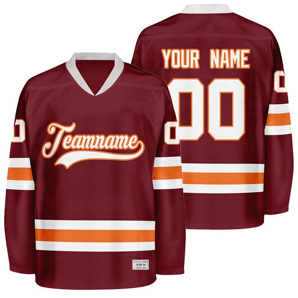 custom burgundy and orange hockey jersey