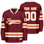 custom burgundy and orange hockey jersey thumbnail