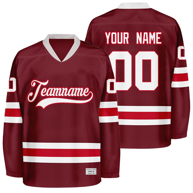 custom burgundy and red hockey jersey