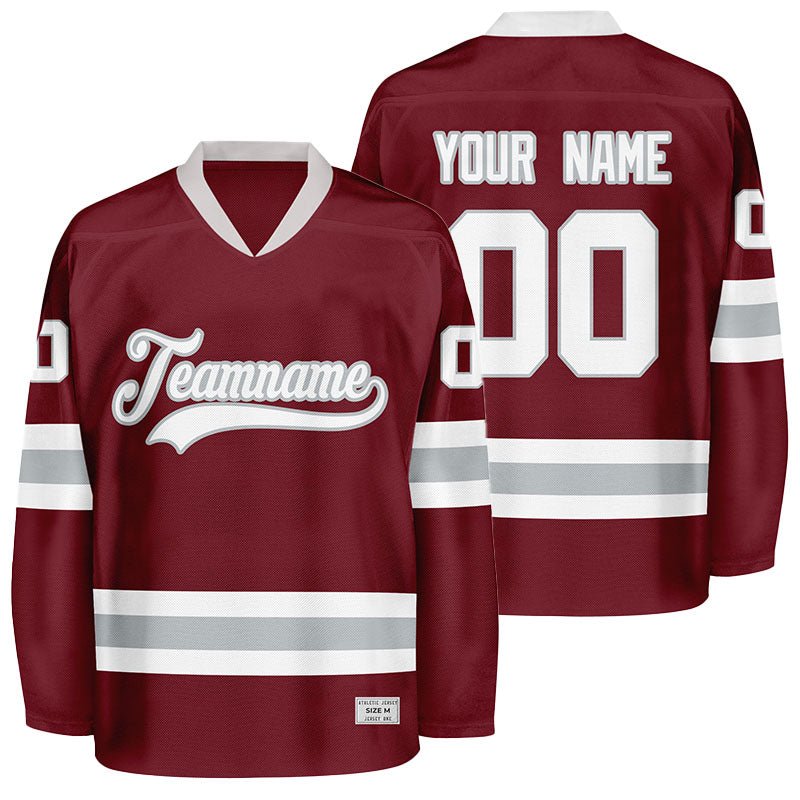 custom burgundy and grey hockey jersey