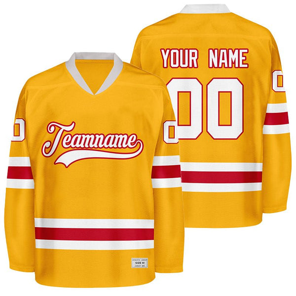 custom gold and red hockey jersey