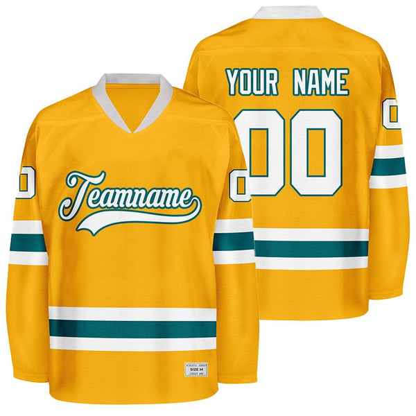 custom gold and deep green hockey jersey