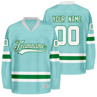 custom ice blue and green hockey jersey thumbnail