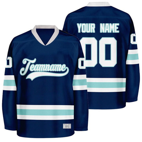 custom navy and ice blue hockey jersey