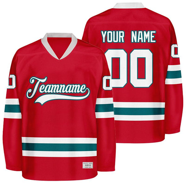 custom red and teal hockey jersey