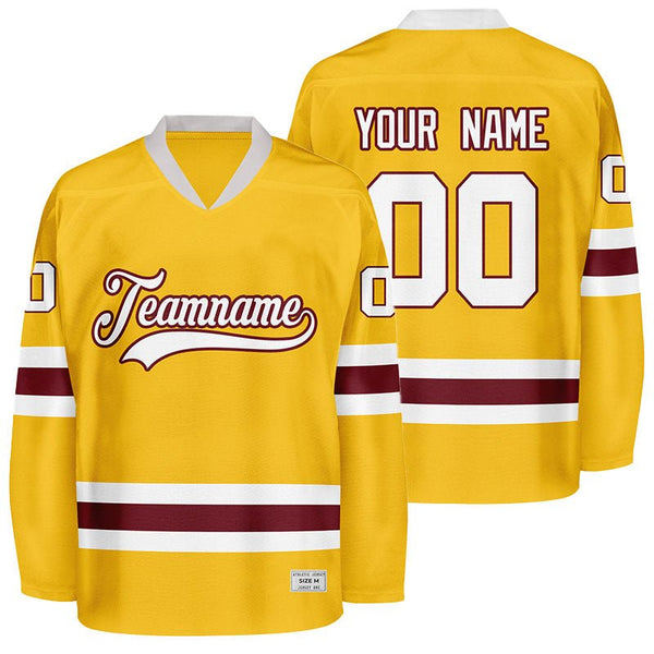 custom yellow and wine red hockey jersey