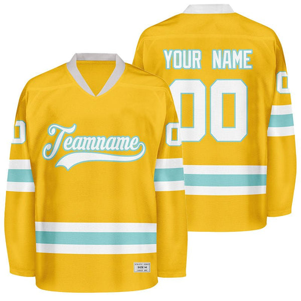 custom yellow and ice blue hockey jersey
