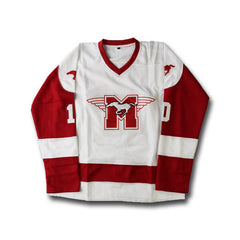 dean Youngblood jersey - hamilton mustangs hockey team  -  red and white - embroidered tracking twill - front view