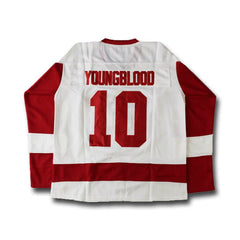 dean Youngblood jersey - hamilton mustangs hockey team  -  red and white - embroidered tracking twill - back view