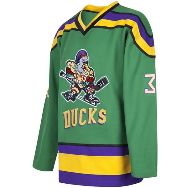 greg goldberg #33 Mighty Ducks D1 Movie green Hockey jersey for men 3/4 view