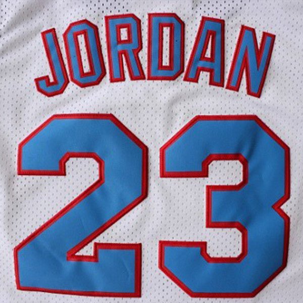 Close-up of Stitched Number 23 on Michael Jordan White Tune Squad Jersey